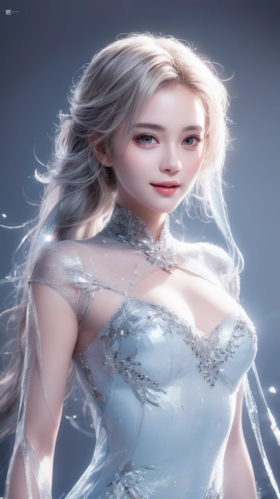 A girl,Exquisite facial features,Big watery eyes,Angelic smile,blush,nice,Silver long hair,Princess Head,Frozen queen,Full of energy,Gorgeous clothing,background,Sense of Brokenness,Super Resolution,HD,8K,film texture。Low-cut,(Big Breasts:1.5)
