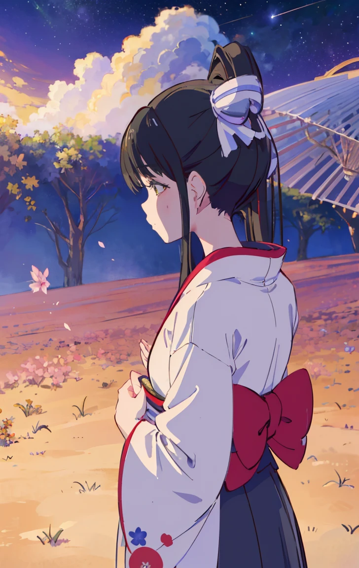 1 Girl, a distant girl kiss girl in a kimono gazing at the Star, (enlarge: 1.1), (meteor雨: 1.2), (comet: 1.1),  low angle, From the back,  meteor, yukata,   red kimono, Cherry blossoms, Standing in a field ,  best quality,  masterpiece, cloud,  colorful,  star-studded , Star,