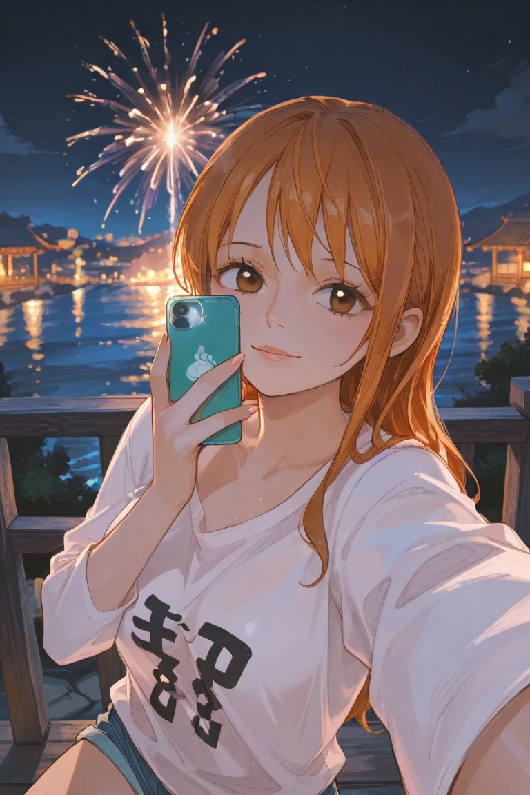 masterpiece,best quality,amazing quality,very aesthetic,high resolution,ultra-detailed,absurdres,newest. 1girl, Nami/(One Piece/), New Year fireworks scenery, night, (((Selfie)))
