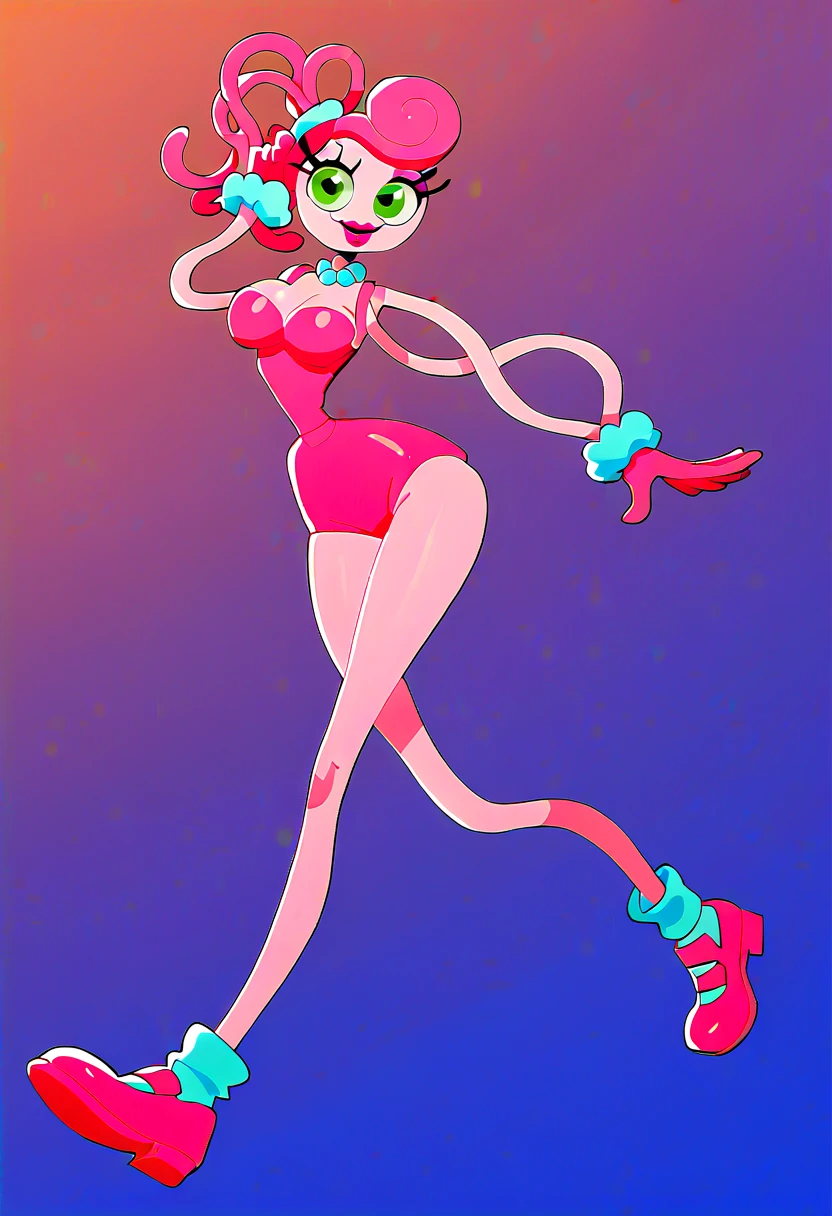 Tall woman huge sexy big breast killer strict confidence smile good kind psychopaths long pink hair tangled, noodle-like pink hair, she is tied in a ponytail with a bow her round green eye she wears elegant pink top shows navel and a pink miniskirt put pink glove blue bracelet hand put pearl blue necklace neck