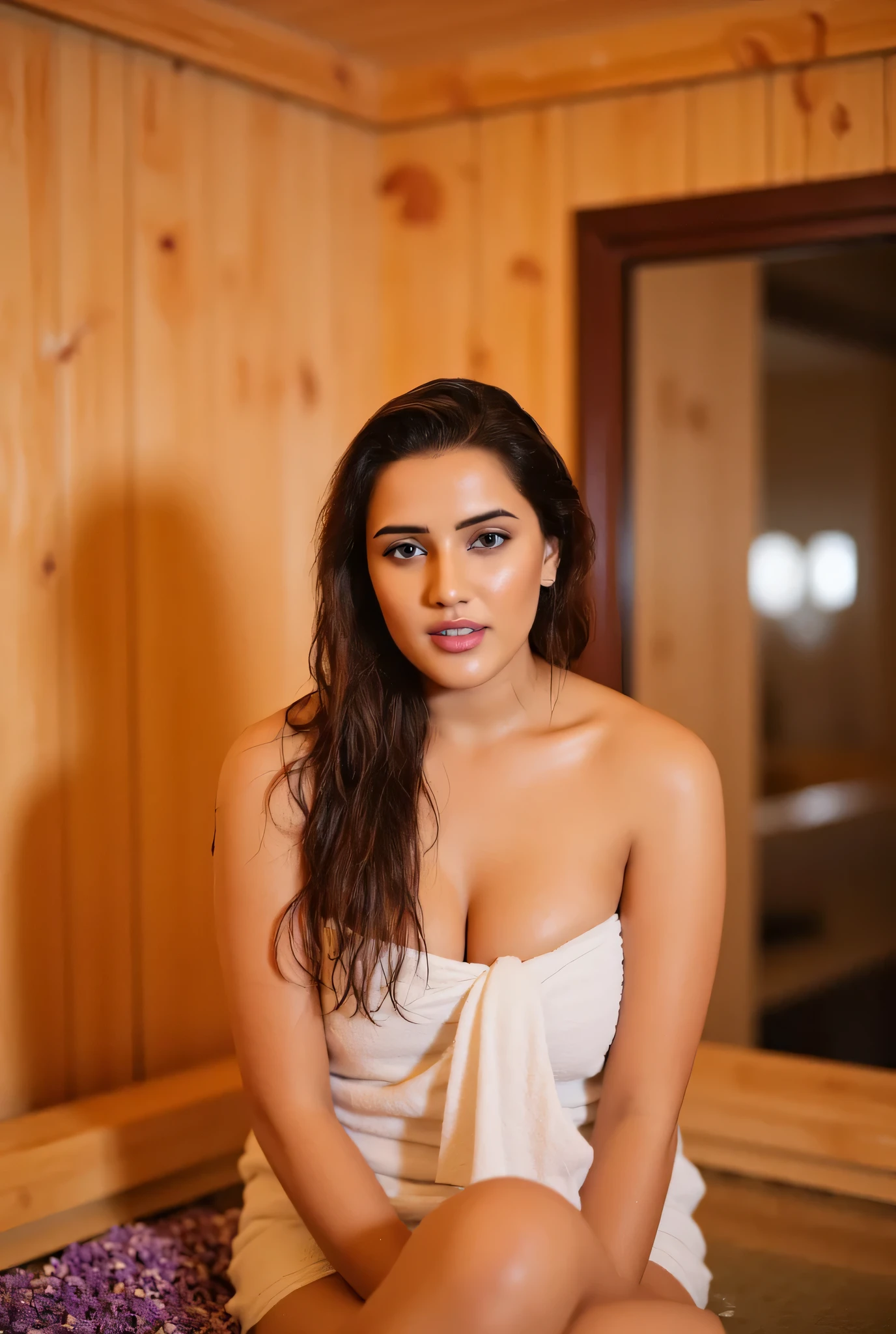 "A indian woman coming out of a wooden bath tub, , which is scattered with lavender petals. The warm, earthy tones of the wooden walls and floors complement her glowing skin. The soft ambient lighting creates a calm, sensual mood, while a nearby window lets in a sliver of moonlight