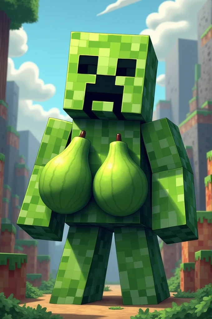 Minecraft creeperwoman with cube head black eye Green half black body blushing and show butt left side view 