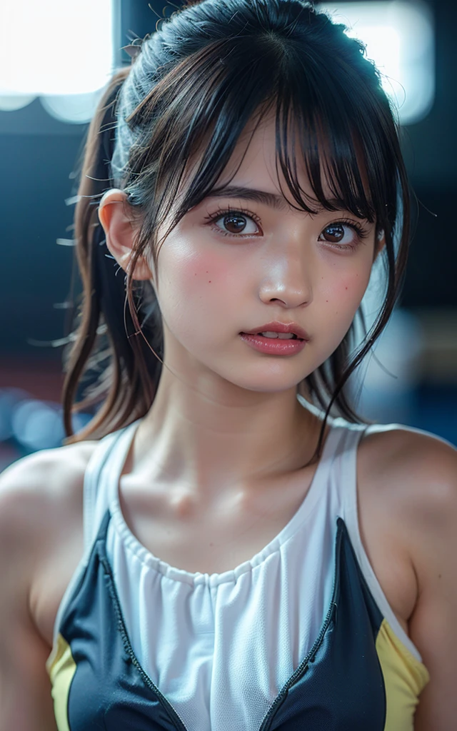 highest quality, masterpiece, Ultra-high resolution, (Realistic:1.4), RAW Photos, 1 girl, Black Hair, Shiny skin, Sweaty body, Dramatic lighting, whole body, Female dog, Tank top, Huge breasts