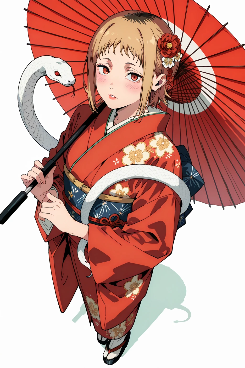 (Sh1r3n:1.2), chainsaw_man_style, 1girl, sawatari akane \(chainsaw man\), chainsaw man, 1girl, from above, umbrella, oil-paper umbrella, japanese clothes, kimono, flowers print, red umbrella, holding umbrella, 1girl, print kimono, hair flower, hair ornament, solo, holding, red eyes, red kimono, parasol, long sleeves, standing, wide sleeves, blush, looking at viewer, short hair, parted lips, full body, obi, bangs, red lips, sash, white umbrella, white background, furisode, tabi, white legwear, white background, white snake wrapped around the arm.