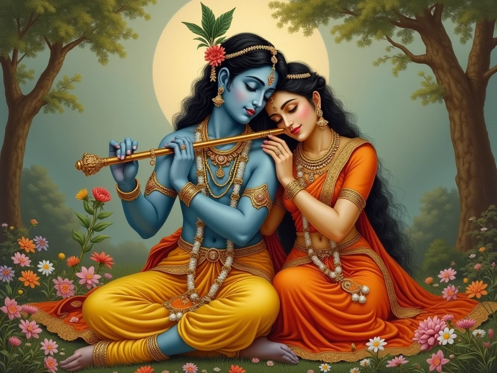 Shree Krishna fluting bansoori with radha rani 