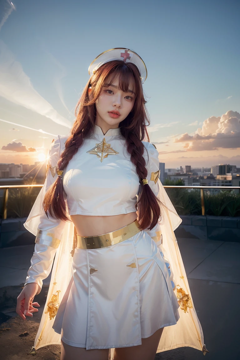 ((masterpiece, best quality, extremely detailed), volumetric lighting, ambient occlusion, colorful, glowing), 1girl, solo, young girl, (maroon hair with bangs), long hair, halo, aura, sacred, goddess, cleric suit, (white outfit with gold detailst:1.3), armor, outdoors, sunset, sky, clouds, space, (nurse theme:1.2),