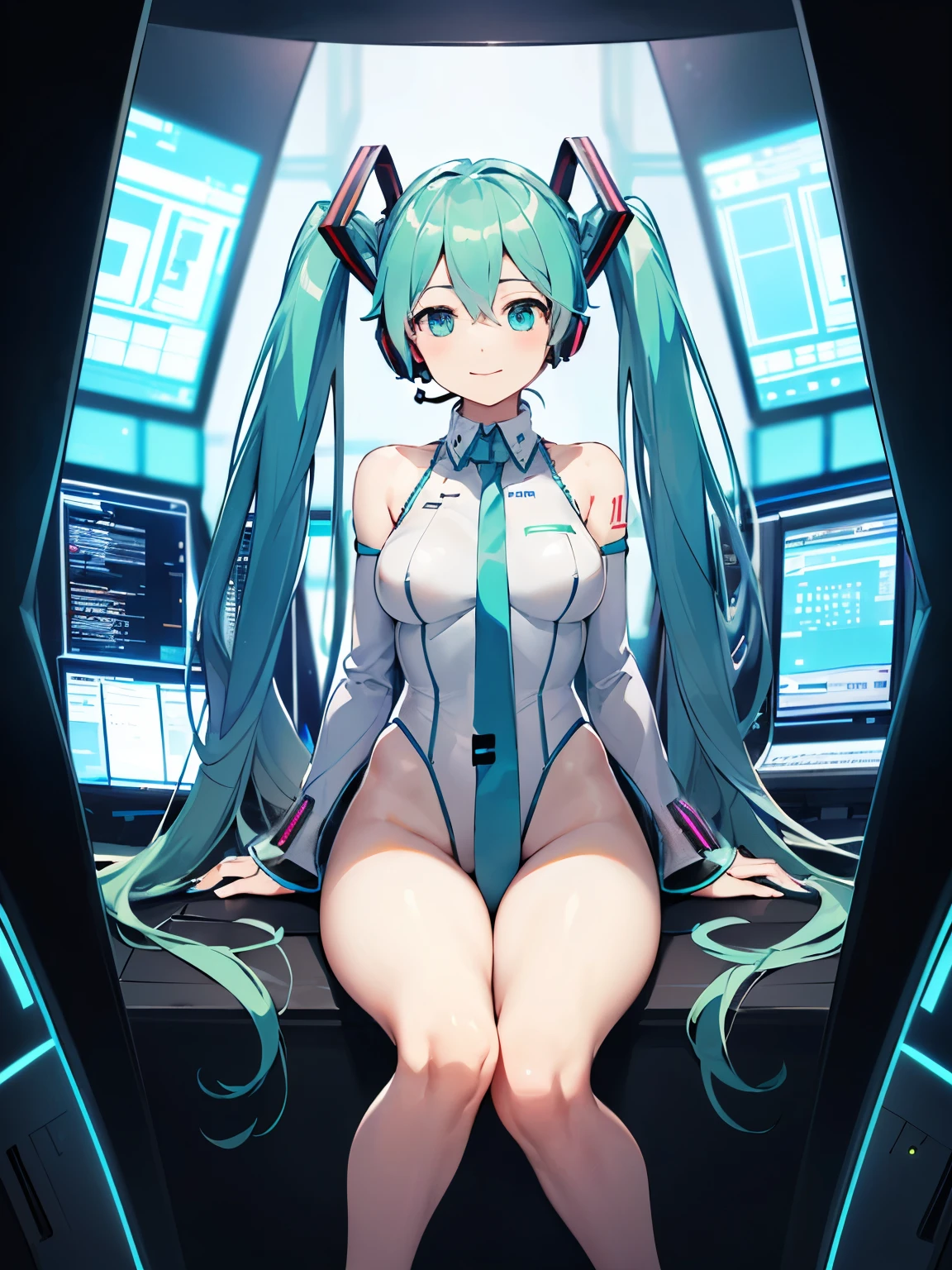  top quality , high resolution,  Hatsune Miku , (hatune friend), ((1 female)),Very cute, hair between eyes , squat down and open my legs in an M shape、Focus on the groin、 low angle,The 、 headgear , interface headset with clothes off to waist,turquoise hair,( very long twin tails ),(((The background is inside a spaceship filled with large monitors ))),(頭部は Hatsune Miku ),smile,(Turquoise and white intricate plug suit design ),(The suit has an Aska design and is very shiny), long sleeve ,(Asuka&#39;s Plug Suit),( squat down and open my legs in an M shape),(masterpiece:1.2),( beautiful, sparkling eyes with attention to detail),  detailed face , perfect lighting, Extremely delicate lighting , (perfect hand,  complete anatomy),( suit with an exposed navel and crotch has lots of interface plugs), SUIT LIKE SLINGSHOT ,The part is not covered due to its role as a ,VERY SEXY SUIT , squat down and open my legs in an M shape、Focus on the groin、 low angle,The 、