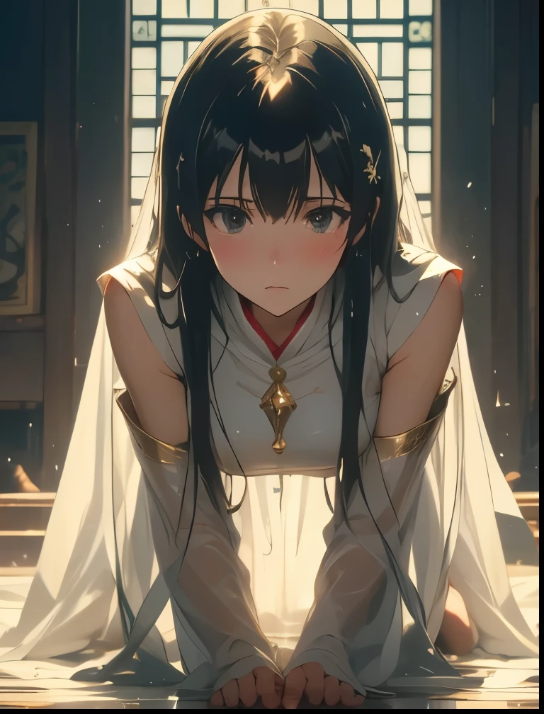 (((SFW、Precision、Highest quality、A first-class masterpiece、Normal body、8k、 Detailed Face 、Ultra-precision、 Normal hand、5refer to、Highest)))、Takanashi Sei、Sei-takanashi 、 “Seijo's magic power is omnipotent"、"The Saint's Magic Power is Omnipotent"、 black hair、 long hair、Beauty、clear、Ultra-thin transparent dress with wet nipples、Shy blush、 on all fours