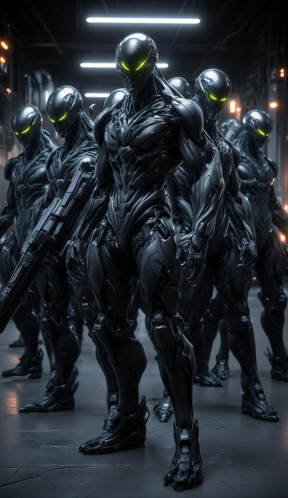 A group of brainwashed SWAT officers and special forces soldiers in an alien tech laboratory, their bodies fully assimilated into metallic mechanized forms and clad in Crytek nanotech armor. Their eyes glow with an eerie green light, reflecting their collective hive-mind control. They stand in unison, wielding advanced alien nanotech weapons, their expressions blank and obedient. The lab is filled with alien machinery, faintly glowing screens, and pulsating energy sources. Low light casts sharp shadows, enhancing the cold, otherworldly atmosphere. The full-body composition emphasizes their unified, imposing yet hollow presence, blending futuristic tech with a chilling, manipulated vibe. Their hands and feet are clearly visible, highlighting the intricate details of their armor and assimilation. The scene exudes power, control, and a dark, alien aesthetic.,METALLIC,mecha skin