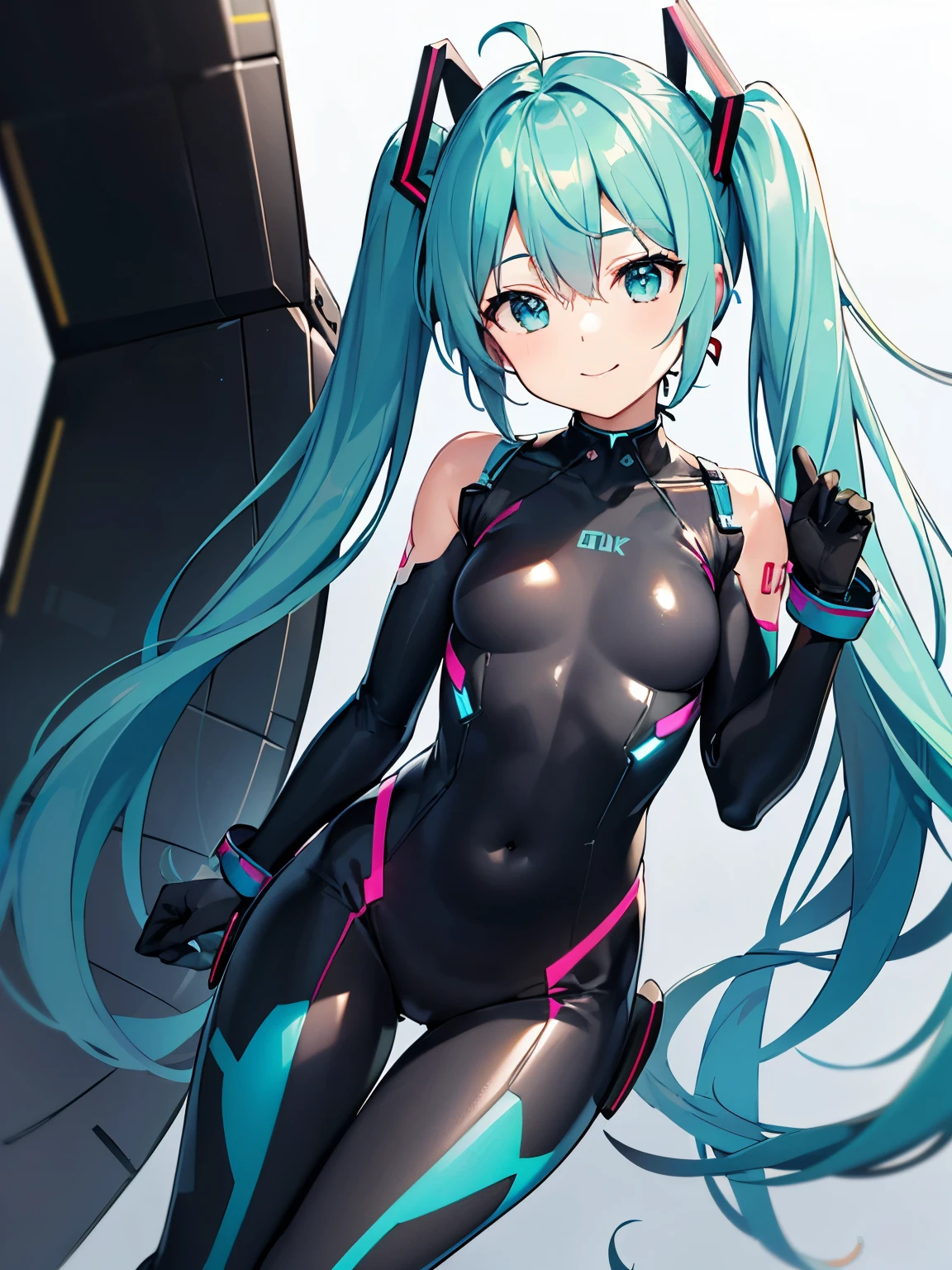  sugar angle  ,  Hatsune Miku , (Hatsune's friend ), (( 1 Woman )), so cute, Hair between the eyes ,  headgear  ,  turquoiseの髪, ( Extra Long Twin Tail ),((( The background is inside the cockpit of the first unit ))) (頭部は  Hatsune Miku ),smile,(  complicated plug suit design 、 turquoise, white, Black and Black), ( This suit has an Aska design 、It's very shiny ),  Long Sleeve  , (Asuka&#39;s plug suit ), (  cowboy shot  ), (masterpiece:1.2),  top quality ,  High Definition  , ( with great details 、輝く瞳 :1.6),  detailed face ,  perfect lighting,  very detailed CG pinching boob , (perfect hand, COMPLETE ANATOMY ),( suit comes with many plugs and interfaces ),suit like a slingshot swimsuit,The part is not covered due to its role as a , squat down and open my legs in an M shape、Focus on the groin、 low angle,