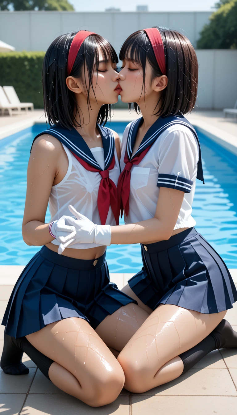 Two Japanese female ************* students who got wet、 cute、masterpiece 、  top quality  、 Super high resolution、 realistic、 beautiful lighting arranged in an orderly manner、  RAW photos 、4K Ultra HD、  super detailed face、Clear Face、Detailed eye、1080P、 tan dark skin 、 black hair,   wet hair、 short bob cut , bangs、 Ponytail、 horny 、 young gravure idol who lost weight、((( small chest with tension、Separated Breasts 、 tight breasts)))、((( 2 female ************* students who love each other 、 2 people kissing with their eyes closed、Two people touching each other's chest)))、((( wet hair )))、(( blue sky、small outdoor pool 、 blur background))、(((Wet Japanese Female ************* Student 、 red headband、 white gloves、sailor cuffs、 navy sailor color 、 wet pleated skirt 、 black knee socks、Wear black shorts)))、 Japanese Female Middle School Students Wearing Wet School Uniforms、(( sitting criss-cross applesauce、Criss cross applesauce、sitting cross-legged on the floor))、(( poolside、 full body shot ))、 ((( EXTREME FACE UP SHOT )))、( perfect anatomy)、 break ((Upper eyelid))、(((Fluttering skirt)))、 thin beautiful thighs 、 beautifully manicured hair 、 oily skin 、Five fingers、2 legs each 