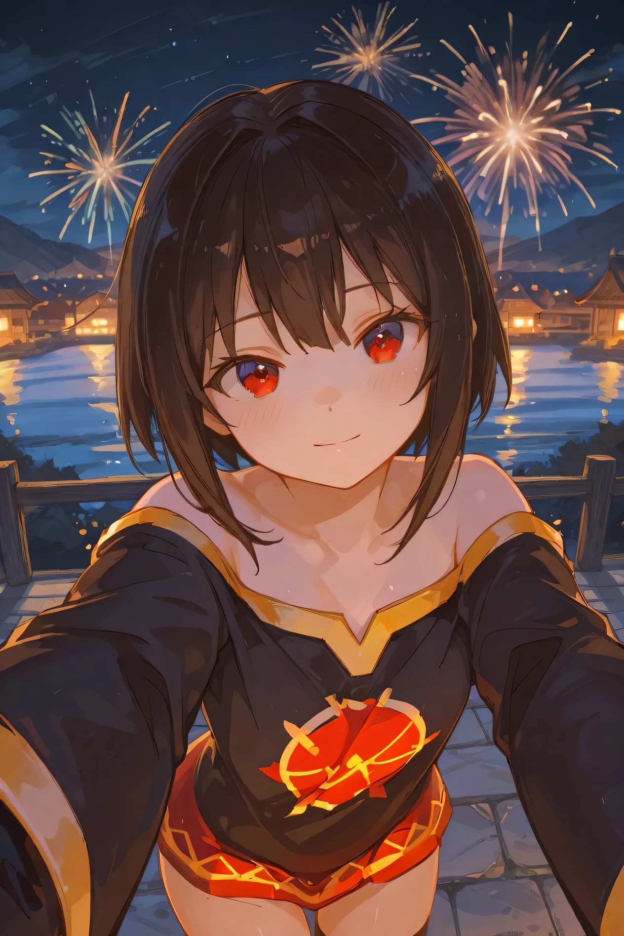 masterpiece,best quality,amazing quality,very aesthetic,high resolution,ultra-detailed,absurdres,newest. 1girl, Megumin/(Konosuba/), New Year fireworks scenery, night, (((Selfie)))
