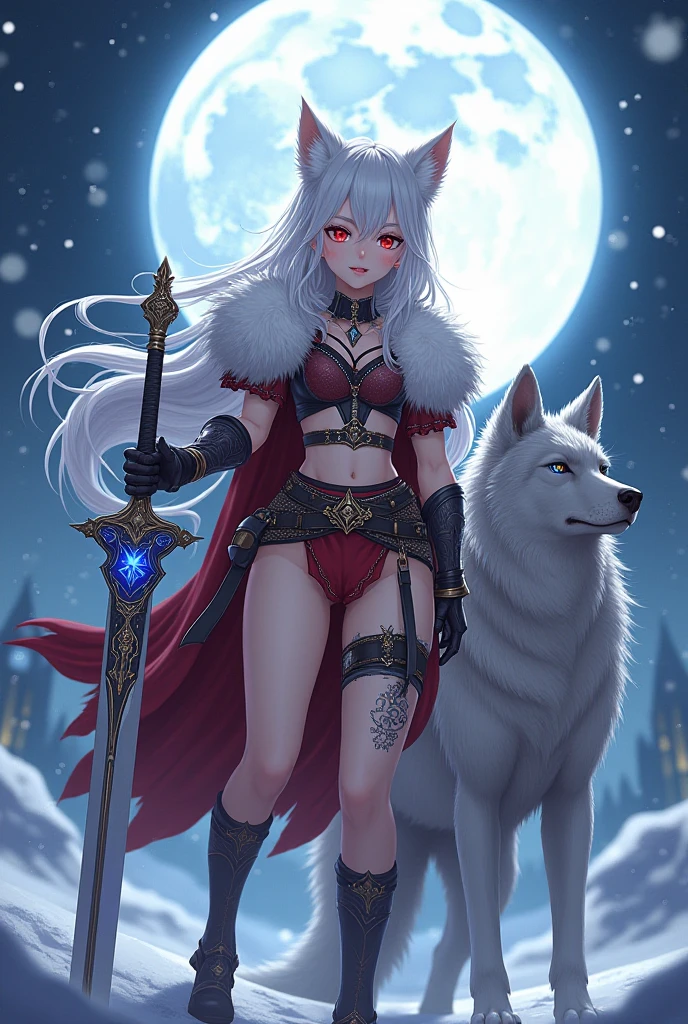 An adult woman, half fox and wolf, white hair, red eyes, wide breasts, very angry, standing, in a bikini, holding a sword