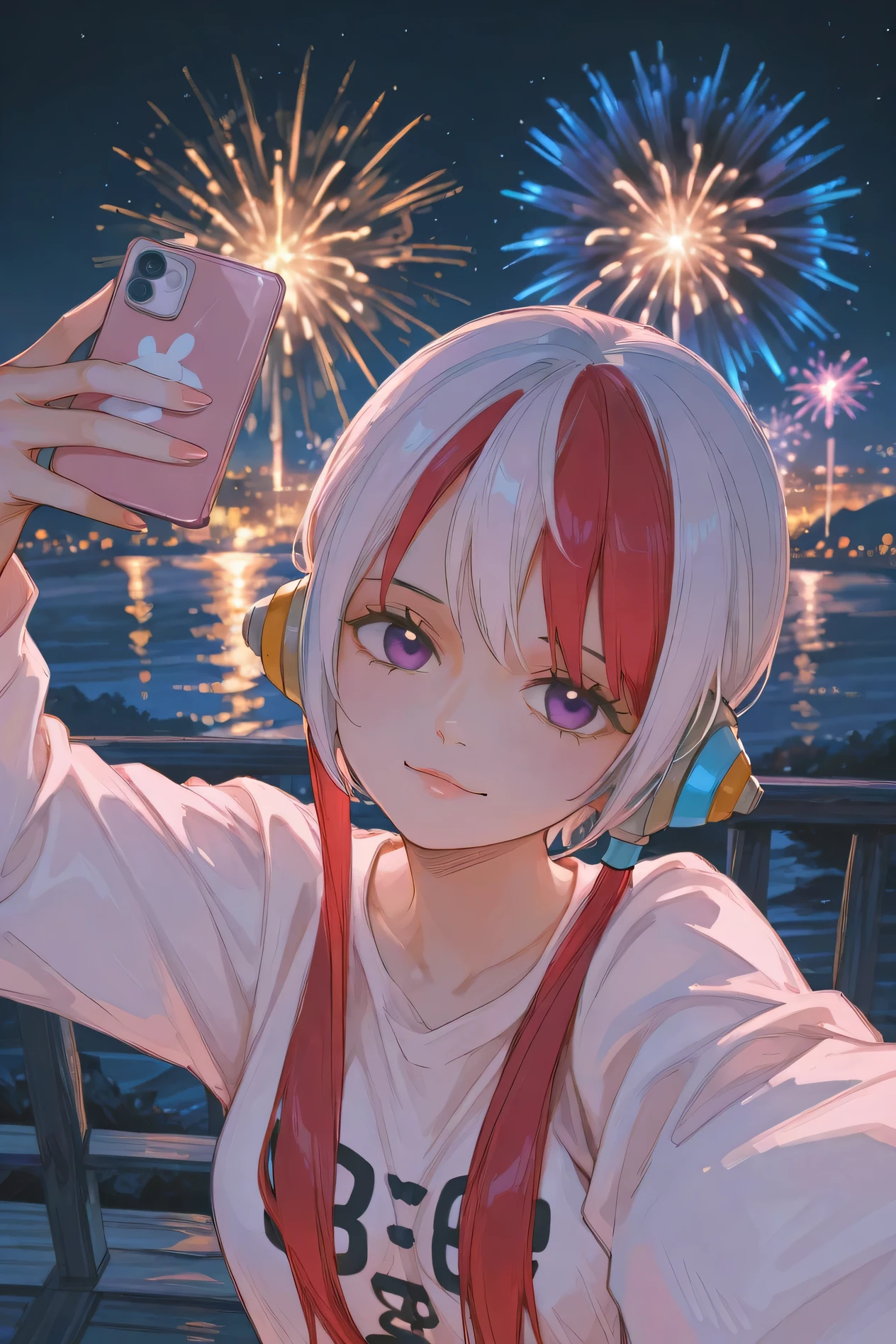 masterpiece,best quality,amazing quality,very aesthetic,high resolution,ultra-detailed,absurdres,newest. 1girl, Uta/(One Piece/), New Year fireworks scenery, night, (((Selfie)))
