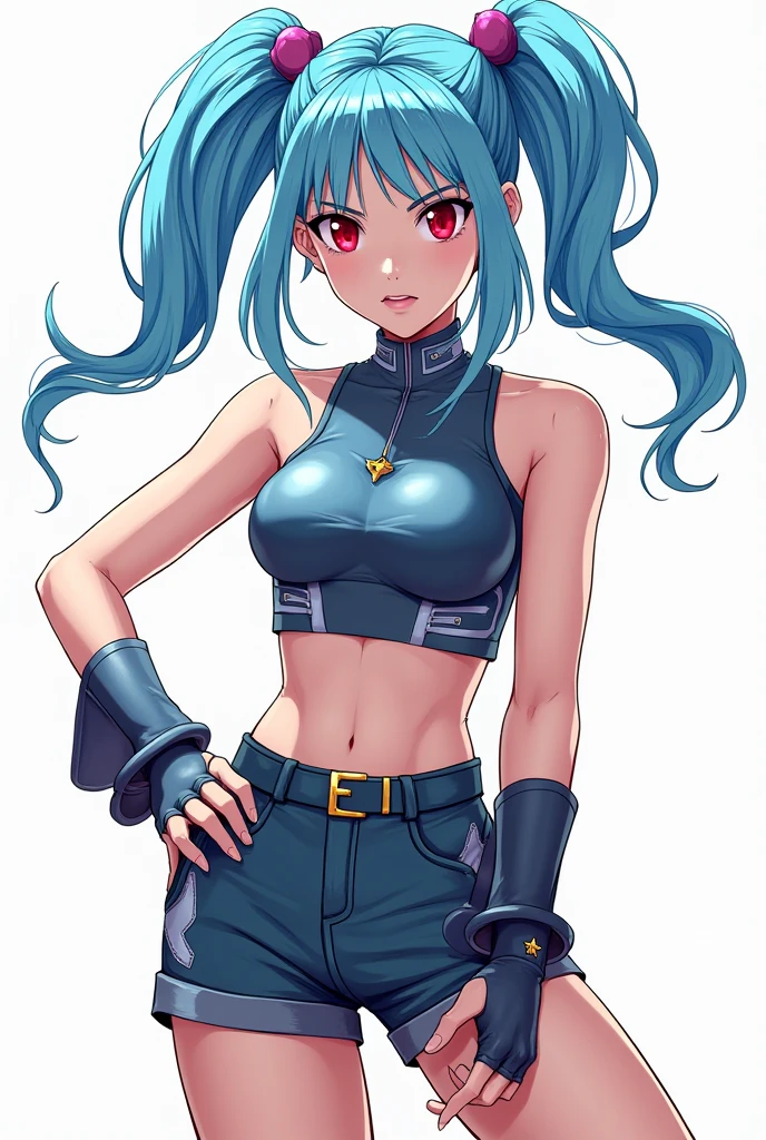((((Bare top)))), (((((Cleavage))))), (((((((Super Crop))))))), (((Bare Belly, Short length clothes, ((Front-tied clothing))))), ((Aqua blue scarf)), ((((Rigid Denim)))), (((Thigh holster))), ((Villain)), Her breasts are exposed, (((No sleeve))), (((Sleeveless))), (((メタルArmlet, Armlet))), ((Fingerless gloves)), ((Short gloves)), ((((Bare arms)))), Complete Hand, (Pink Eyes), (((Light blue hair, Blue Hair))), bluish hair, Very long hair, (Wolf Ears), one woman, (Big Breasts), ((highest quality)), ((masterpiece)), In the center, ponytail, (Sexy Costumes), Adult woman, Tight waist, (masterpiece), ((highest quality)), (Very detailed),woman, (Beautiful Eyes)), 細かくてBeautiful Eyes, Beautiful and detailed face, Five Fingers, Perfect Anatomy, Simple Background, No background, Plain background, (White Background), (((Small clothes, Simple clothes)))