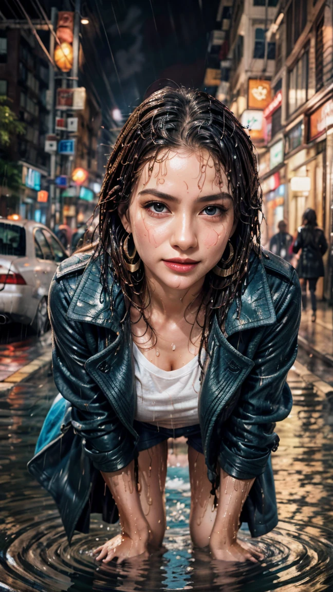 A cute girl is naked. She is only wearing a transparent wet tangaslip and a coloured rain jacket and sexy rubber boots. It's raining. She looks mischievous, by justin Gerard and jane ansell, high detailed photorealistic,very erotic cinematic scene, she has fun