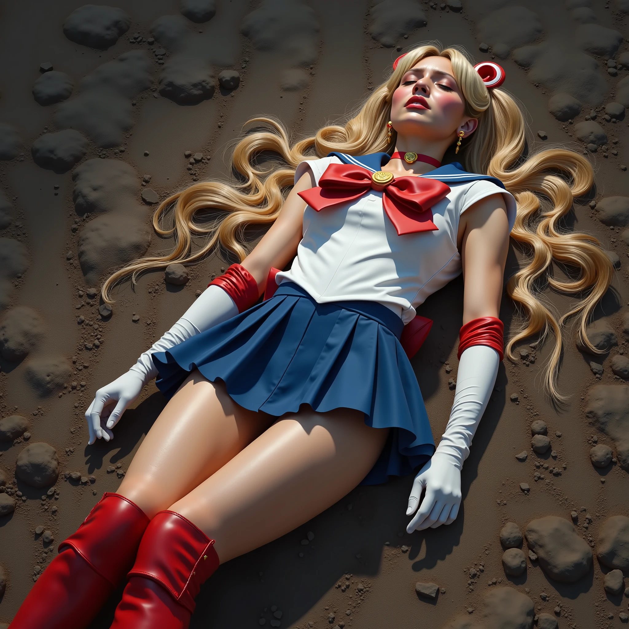 Hyperrealism, masterpiece, highest quality, A young Japanese woman is laying down flat on the dirt, dirty, wound, injury, crying in severe pain, painful face, ((Wearing a Sailor Moon costume, Being restrained)), ((Blue sailor collar, Blue mini pleated skirt, Long white gloves, shiny beige color pantyhose, red high boots, Exposed thighs, Red long boots, choker)), Blonde Hair, Very long blonde hair:1.2, ((crying)), (fearful face), close eyes, Sexual intercourse with a devil, (((realistic))), volcano background,