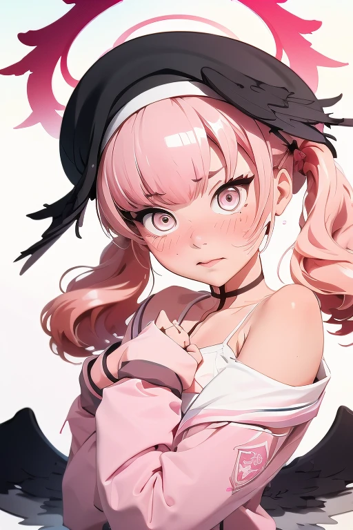 (masterpiece, best quality), 1girl, koharu, pink hair, medium hair, twintails, tied hair, pink eyes, halo,school uniform, off shoulder, sailor collar, pink neckerchief, long sleeves, sleeves past wrists, bra strap, miniskirt, pink skirt, pleated skirt, low wings, head wings, beret,