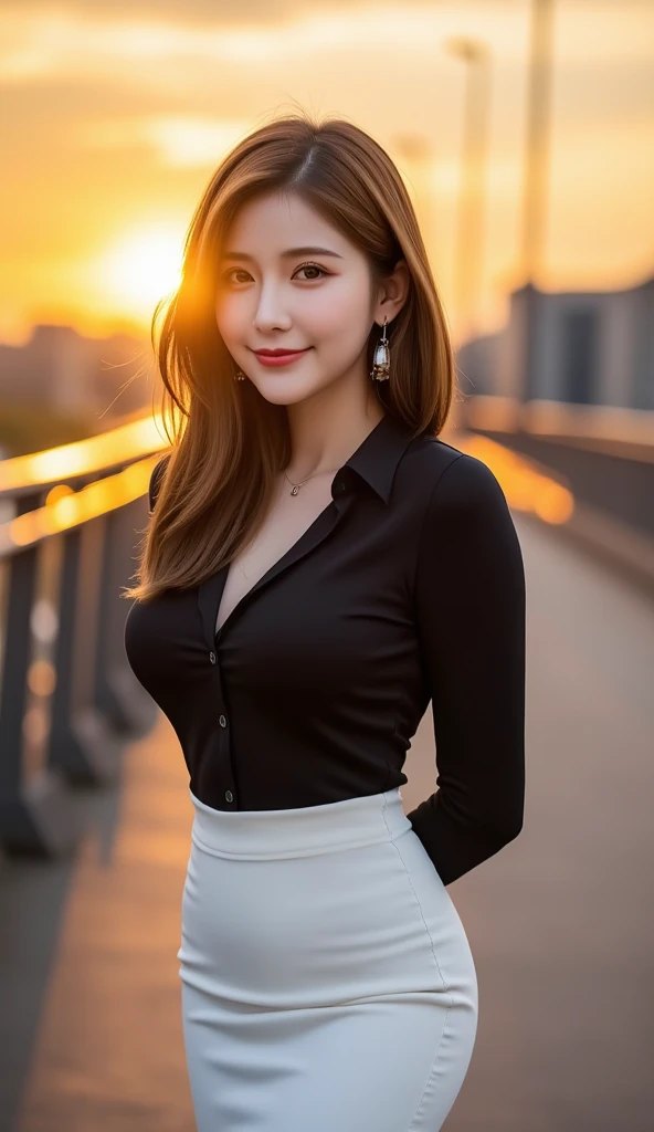  and the 、12Ｋ、ＨＤＲ、 bits deep 10 bits 、 knee-length skirt、( realistic) , (photo  realistic :1.4), masterpiece,  beautiful ,A woman who exudes adult appeal  、Sunset time、I can see the sunset、The backlight of the sunset 、The sun sets over the buildings 、 hair is shaking a lot in the wind {x} model is standing on a dim bridge、 cleavage in years、 necklace、 earrings for women with first name、smile、black collared shirt、White Skirt、 and smiles at the viewer