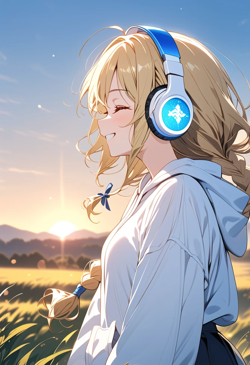 {{{masterpiece}}}, {{{ top quality }}}, {{ ultra detail}}, { cute, detail eyes},((side view,closed eyes)),  One Girl , Alone, ((gold hair,long braid)),((((white headphones))),(((white hoodie))),(black skirt),((standing)),smile,Midea,sunrise,clear sky