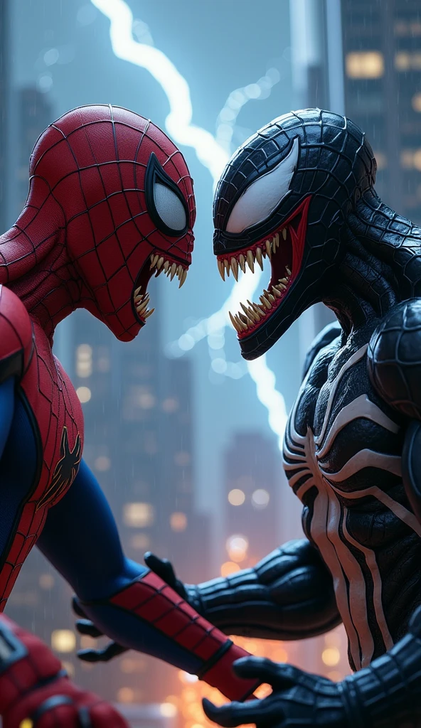 Two spiderman hitting venom punch 