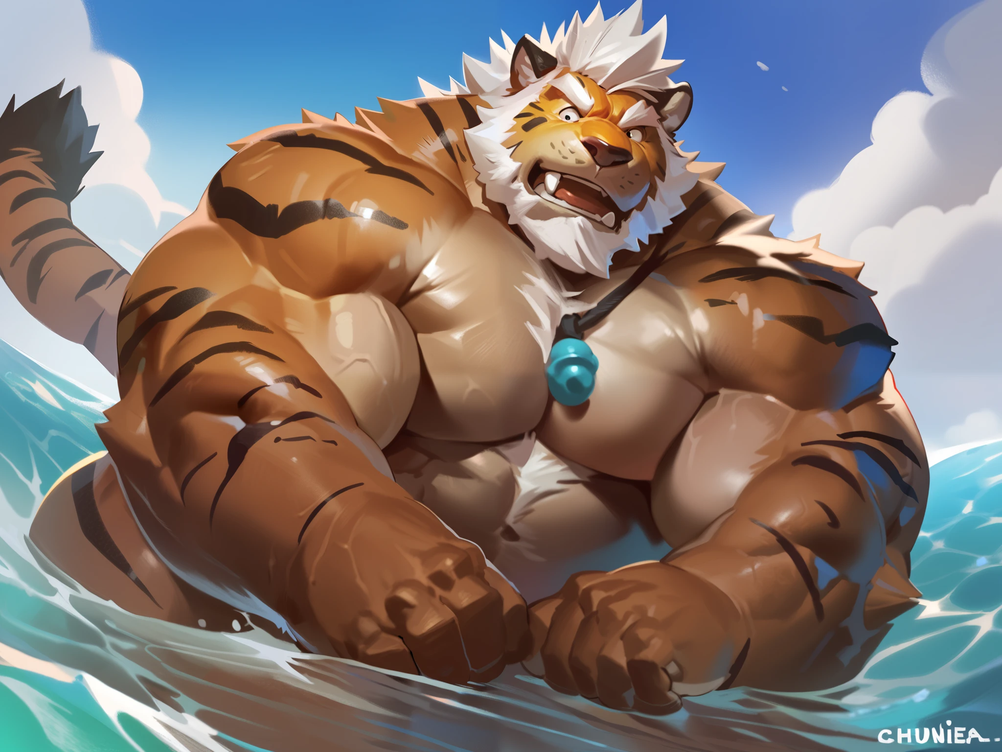 cursedmarked,darkgem, lindong, taran fiddler, zoroj, chuniea, huge muscular furry tiger old man swimming in sea, huge shoulder muscle , shirtless, muscle, strong man, huge muscle, short hair, bearded, white hair and beard, wrinkles skinned, strong muscle, strong and intimidated, masterpiece, muscular, commission for high res, male, fantasy art, very very beautiful art, art painting , painting art