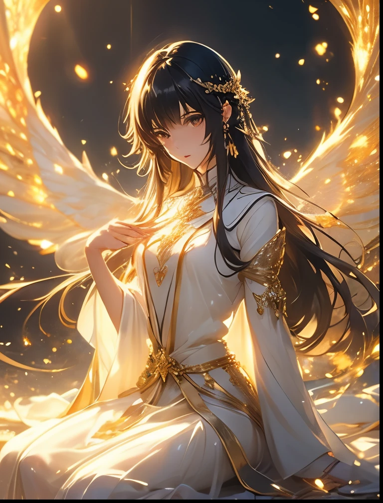 (((SFW、Precision、Highest quality、A first-class masterpiece、Normal body、8k、 Detailed Face 、Ultra-precision、 Normal hand、5refer to、Highest)))、Takanashi Sei、Sei-takanashi 、 “Seijo's magic power is omnipotent"、"The Saint's Magic Power is Omnipotent"、 black hair、 long hair、Beauty、clear、 transparent nipples ultra-thin transparent clothes、Sit down and pray 、 magic light with golden particles