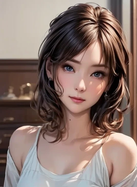 Night, RAW Photography, (((Very Beautiful Portrait))), (Very Beautiful Portrait))), 1 Girl, Sexy 25 Year Old Girl, ((Natural Brown Hair with Short Cuts)), [Brown Eyes],Gentle Smile Staring at the Camera(cleavage), ((Masterpiece, Best Quality, Ultra Detail, Cinematic Lights, Intricate Detail, High Definition, 8k, Very Detailed)), Detail Background, 8k UHD, DSLR, soft lighting, high quality, film grain, fujifilm XT3, shallow depth of field, natural light, perfect face