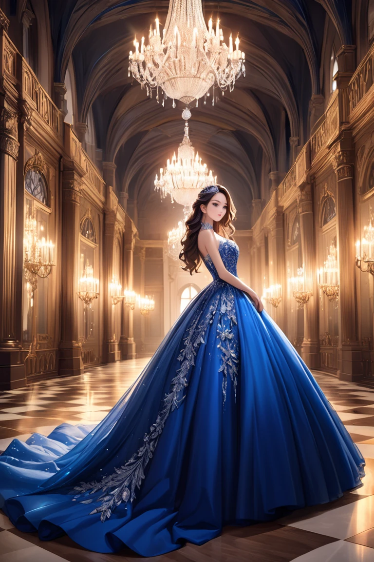 A stunning woman in a royal blue ball gown adorned with sparkling silver details, standing in a grand castle hall with chandeliers casting a magical glow.