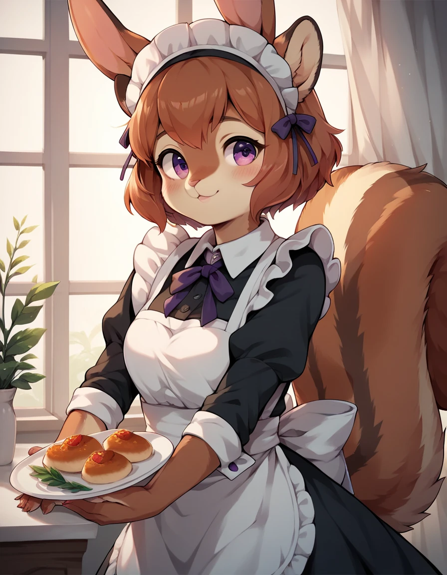 dagasi, body squirrel fur, score_9, score_8_up, score_7_up, score_6_up, anthro, (furry, anthro:1.2) (detailed fluffy fur), solo, furry female, (creature) ,cute, cute eyes, squirrel girl.purple eye .maid .apron.having dishes .bunny Sexy eyes.Sexy face.long ear.
