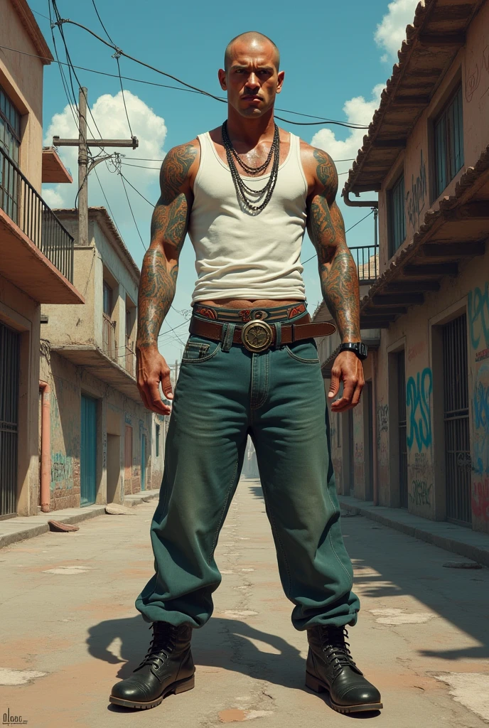 Drug dealer man with tattoos on arms, den head ninja inside a favela with rifle in hand
