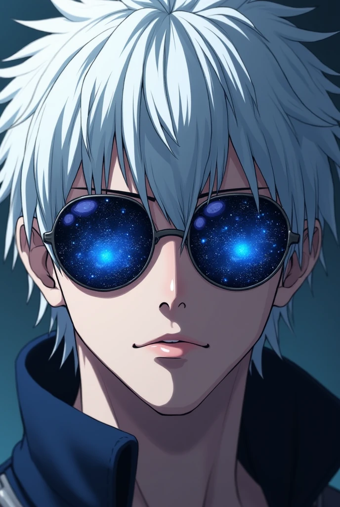 Satoru Gojo, Jujutsu Kaisen, Handsome man with white medium length hair, wearing sunglasses and blue galaxy in his eyes, Sunglasses on the bridge of his nose, revealing his deep blue eyes, looking at viewers, hyper-realistic atmospheres,