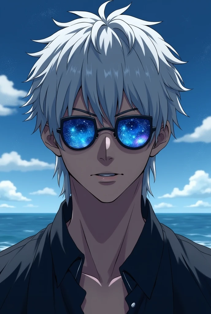 Satoru Gojo, Jujutsu Kaisen, Handsome man with white medium length hair, wearing sunglasses and blue galaxy in his eyes, Sunglasses on the bridge of his nose, revealing his deep blue eyes, looking at viewers, hyper-realistic atmospheres,