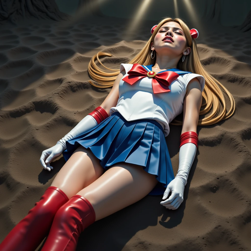 Hyperrealism, masterpiece, highest quality, A young Japanese woman is laying down flat on the dirt, dirty, wound, injury, crying in severe pain, painful face, ((Wearing a Sailor Moon costume, Being restrained)), ((Blue sailor collar, Blue mini pleated skirt, Long white gloves, shiny beige color pantyhose, red high boots, Exposed thighs, Red long boots, choker)), Blonde Hair, Very long blonde hair:1.2, ((crying)), (fearful face), close eyes, Sexual intercourse with a devil, (((realistic))), volcano background,