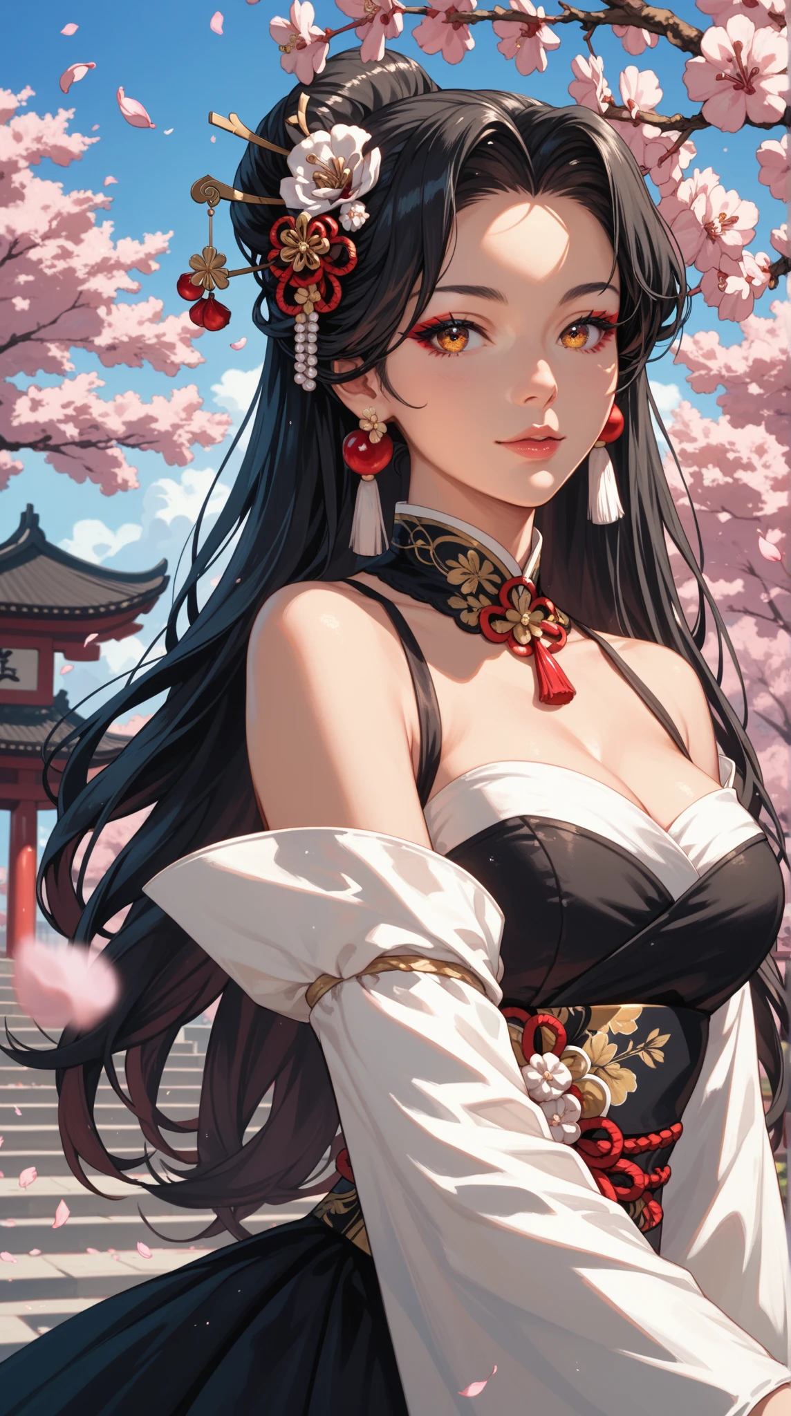 (masterpiece, best quality:1.2), 1 woman, Hanfu, (Dress conservatively:1.3), (delicate and beautiful face:1.8), mature, laugh, black hair, hairpin, purple eyes, seat, beautiful bridge, (ink stain) beautiful portrait, clothing ink style, traditional china painting, ink bismuth, from below, masterpiece, high details,