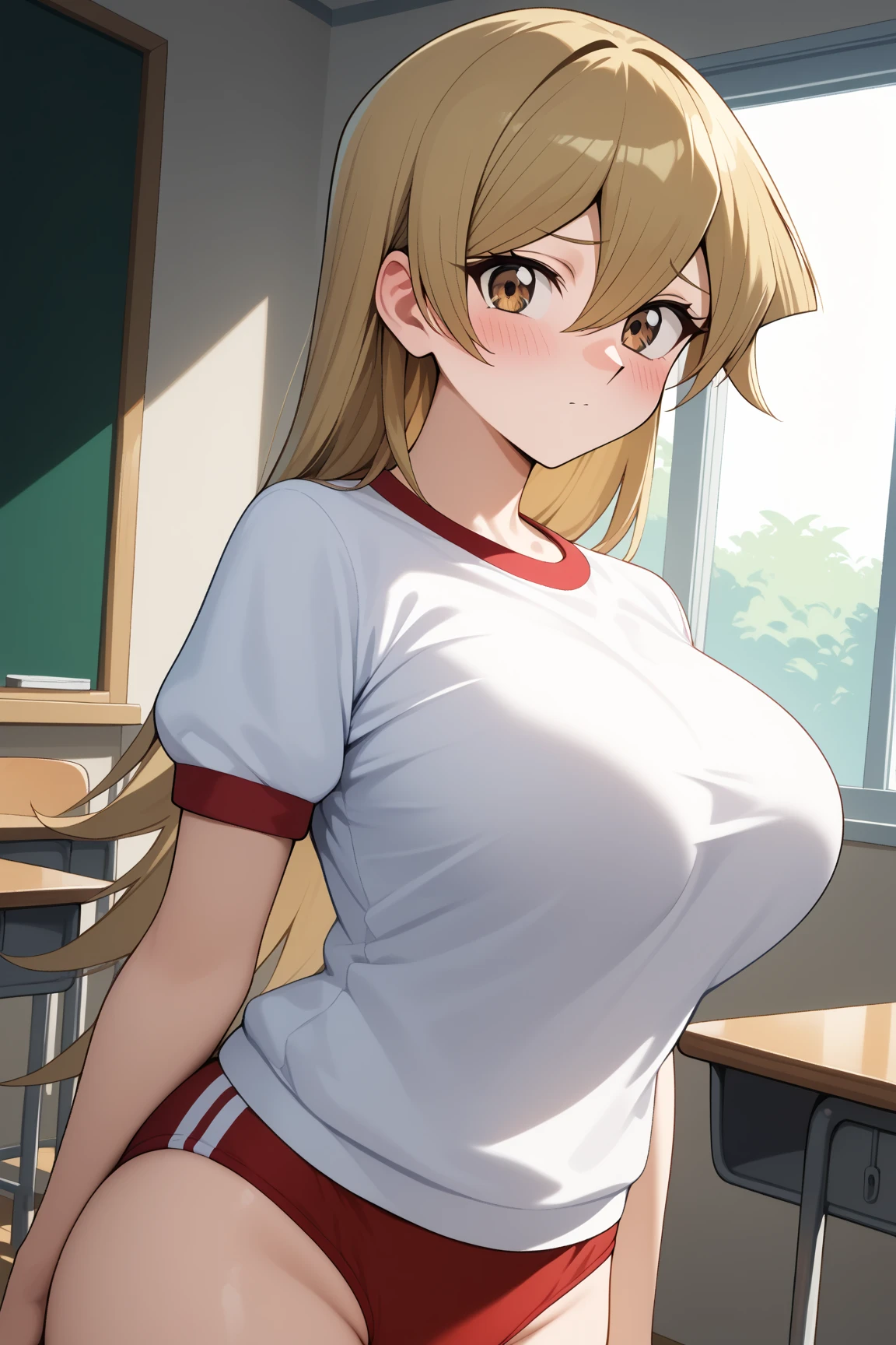 masterpiece,best quality,{{detailed beautiful face and eyes}}, 
Tenjouin Asuka,long hair,blonde hair,hair between eyes,brown eyes,large breasts,
gym uniform,red buruma, white shirt, short sleeves, thighs,
1girl,(is embarrassing,big blush,closed mouth:1.0),
 ((standing,cowboy shot,looking at viewer:1.2)), 
(classroom:1.0),clothed