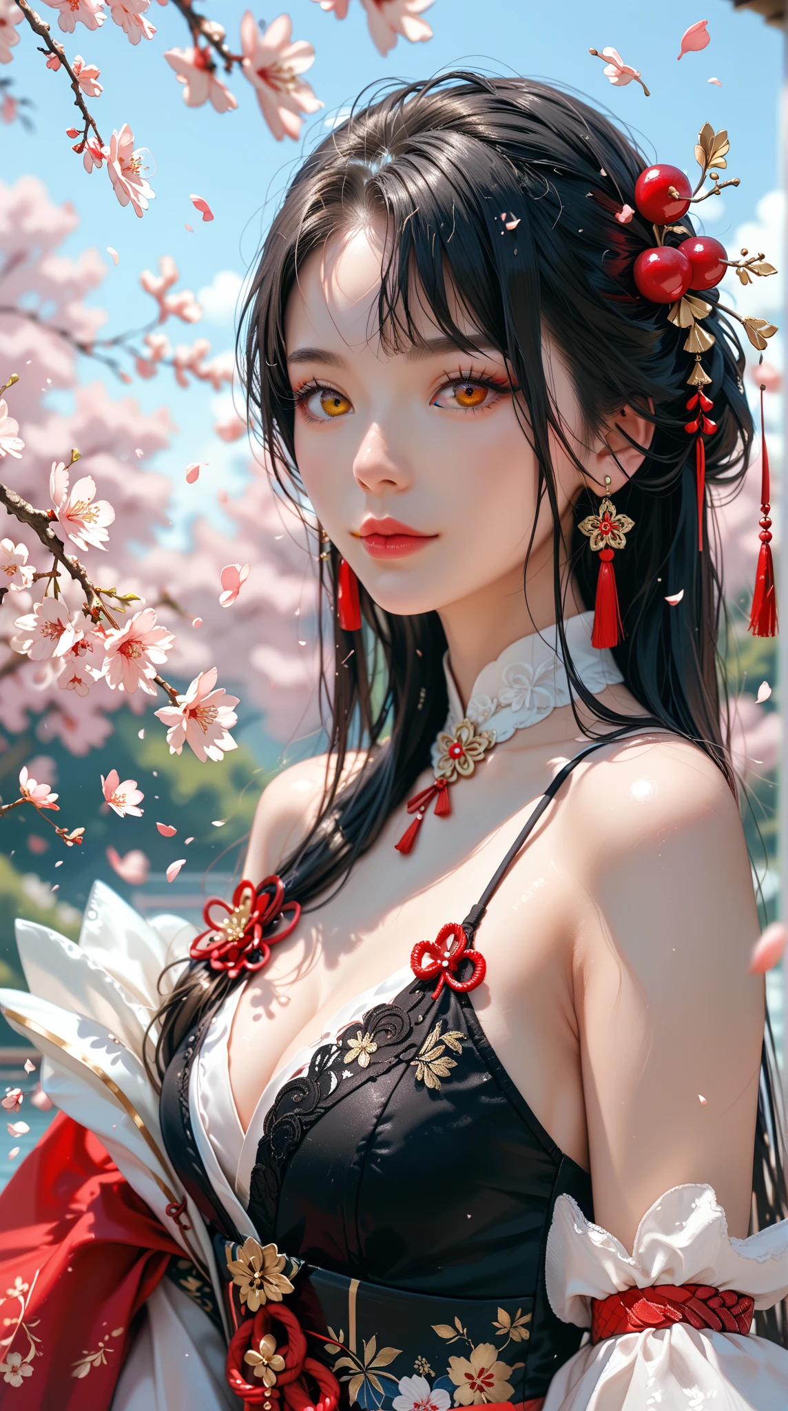 (girl walking along cherry blossom trees),highest quality、High resolution、Super detailed、masterpiece、(Live shooting:1.5)、genuine:1.5、photogenuineistic:1.5、very delicate and beautiful、small details、1 female、Early 20s、(super beautiful)、(beautiful face:1.5)、(detailed face:1.5)、graduation ceremony、Haori、Hakama,(Hanabubuki)、