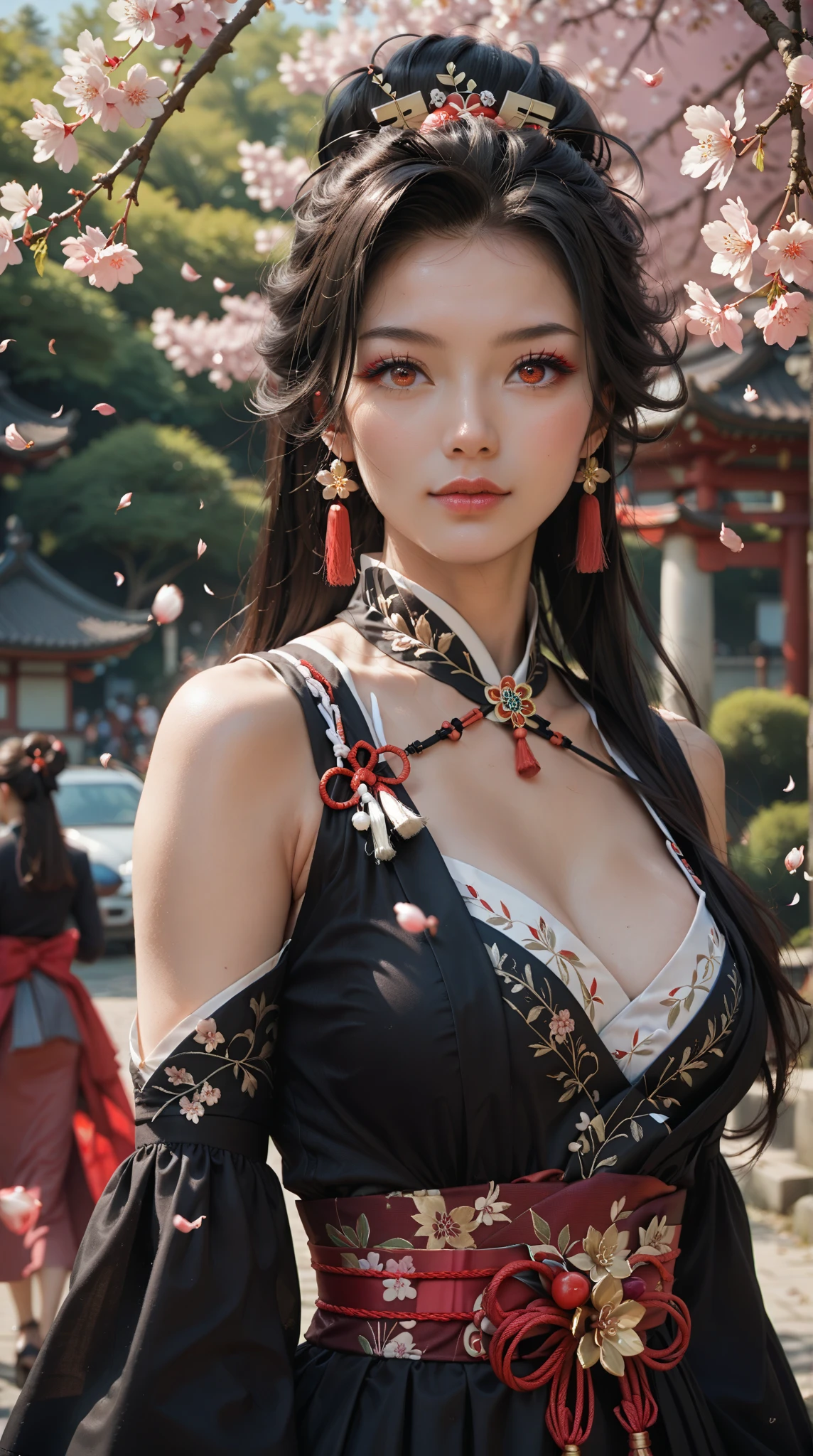  Portrait of an elegant lady ， wearing a black dress ， adorned with black ribbons ，Black hair ，Cherry blossoms，And long hair ， with red eyes and delicate red and black hair accessories， wearing a white dress and golden eyes ，在一棵Cherry blossoms樹下。