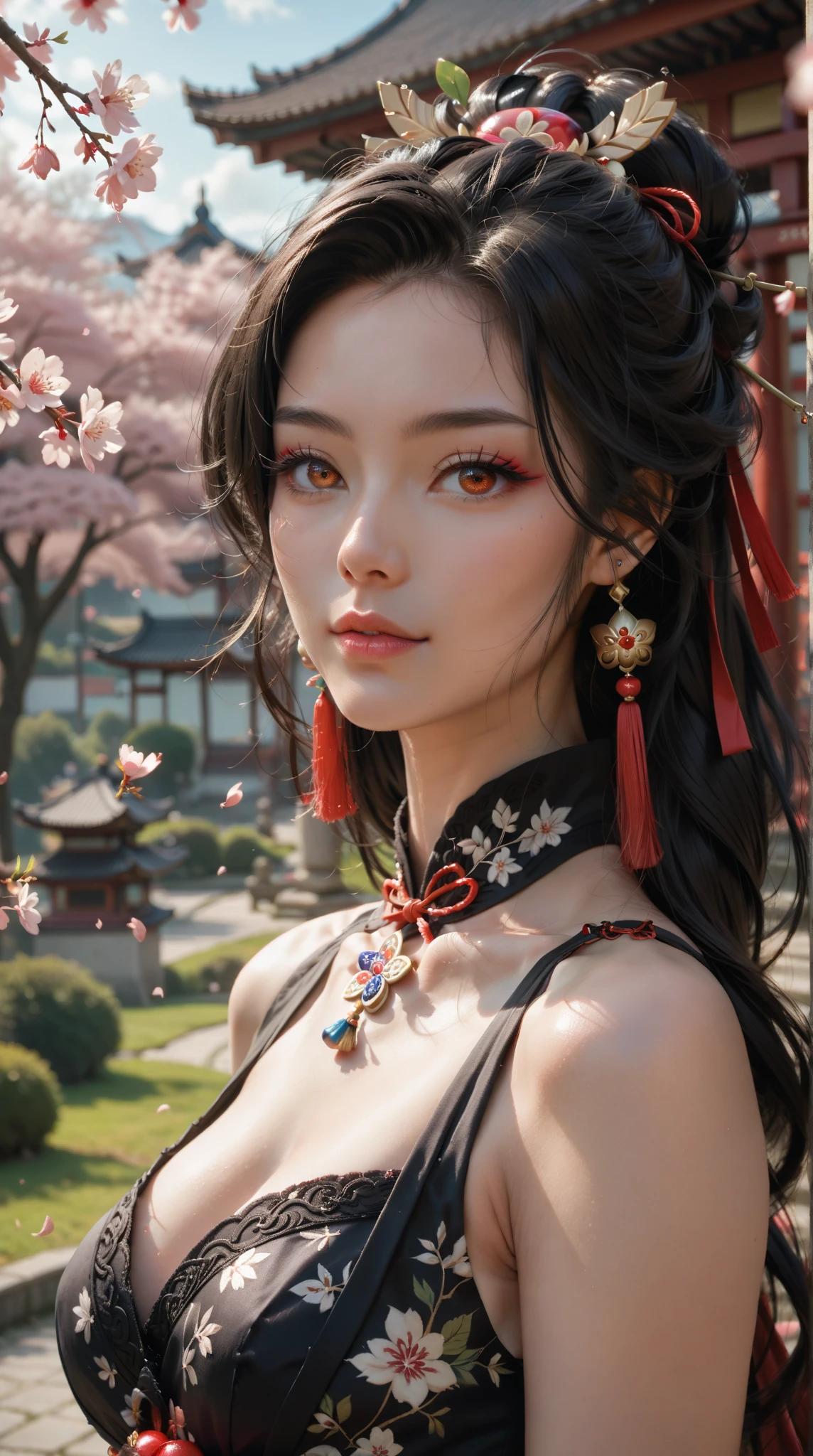  Portrait of an elegant lady ， wearing a black dress ， adorned with black ribbons ，Black hair ，Cherry blossoms，And long hair ， with red eyes and delicate red and black hair accessories， wearing a white dress and golden eyes ，在一棵Cherry blossoms樹下。