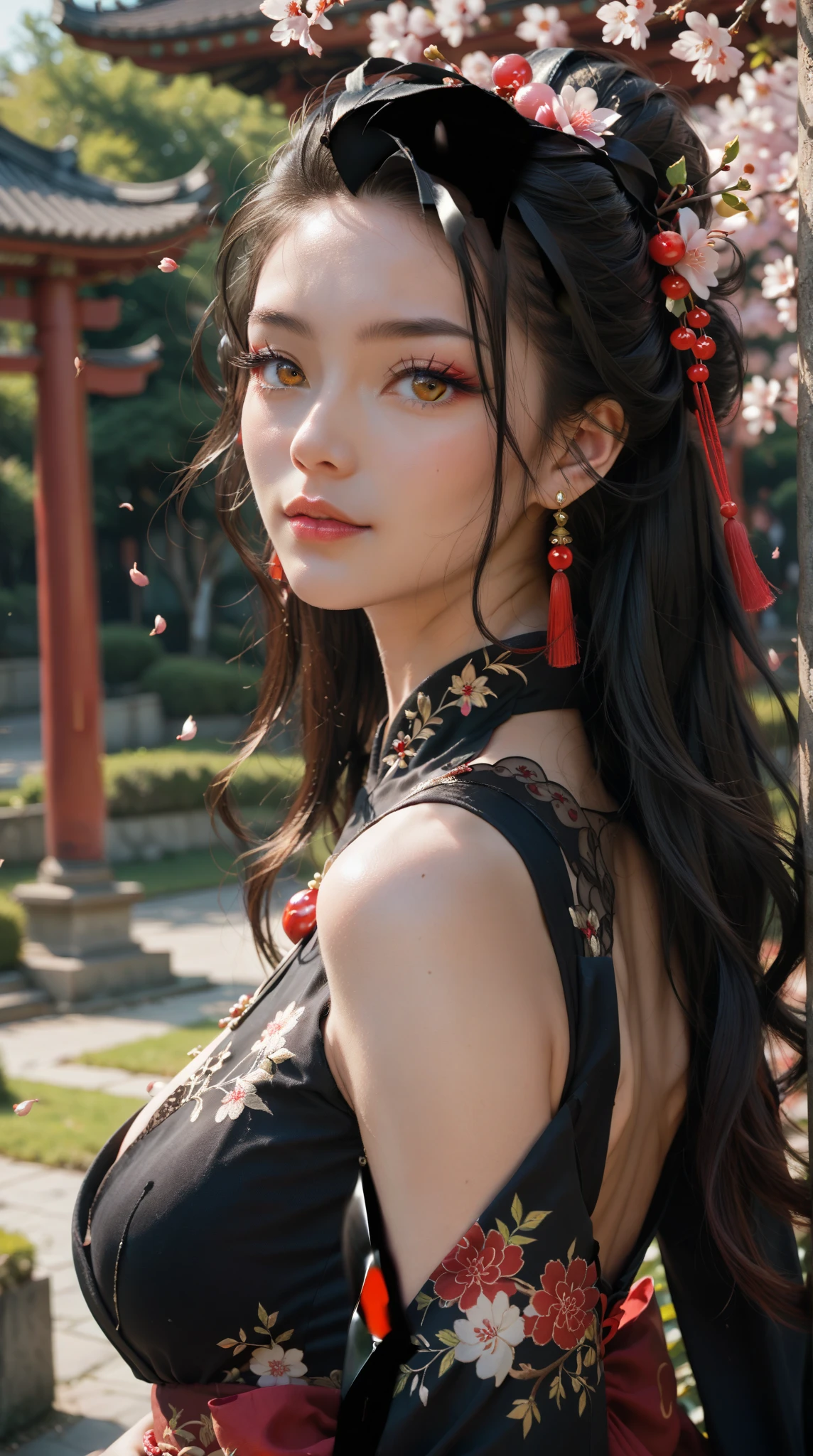  Portrait of an elegant lady ， wearing a black dress ， adorned with black ribbons ，Black hair ，Cherry blossoms，And long hair ， with red eyes and delicate red and black hair accessories， wearing a white dress and golden eyes ，在一棵Cherry blossoms樹下。