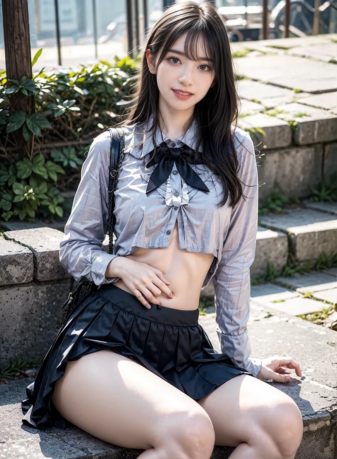 (photo practical:1.4), (hyper practical:1.4), (practical:1.3), (Smoother lighting:1.05), (Improving the quality of cinema lighting:0.9)、Natural light、Professional photos, practical portrait,(Japanese beautiful girl、18-year-old high school student),, Beautiful face and eyes, Very cute face, smile, vitality, vitality, (A sexy uniform with a wide open chest:1.2、The chest is wide open and the breasts are exposed、Her clothes are open and her naked body is visible、Showing her 、very beautiful small breasts、Beautiful cherry-colored areola、Erect nipples、Small butt、Shaved),The hem is short and the lower half of the body is visible、No underwear、  (Chest High School Girl:1.4),  (district), Portrait of sexy girl, (View from below:1.2)、School classroom、During class、No underwear、No underwear、No bra、topless、Upper body naked
