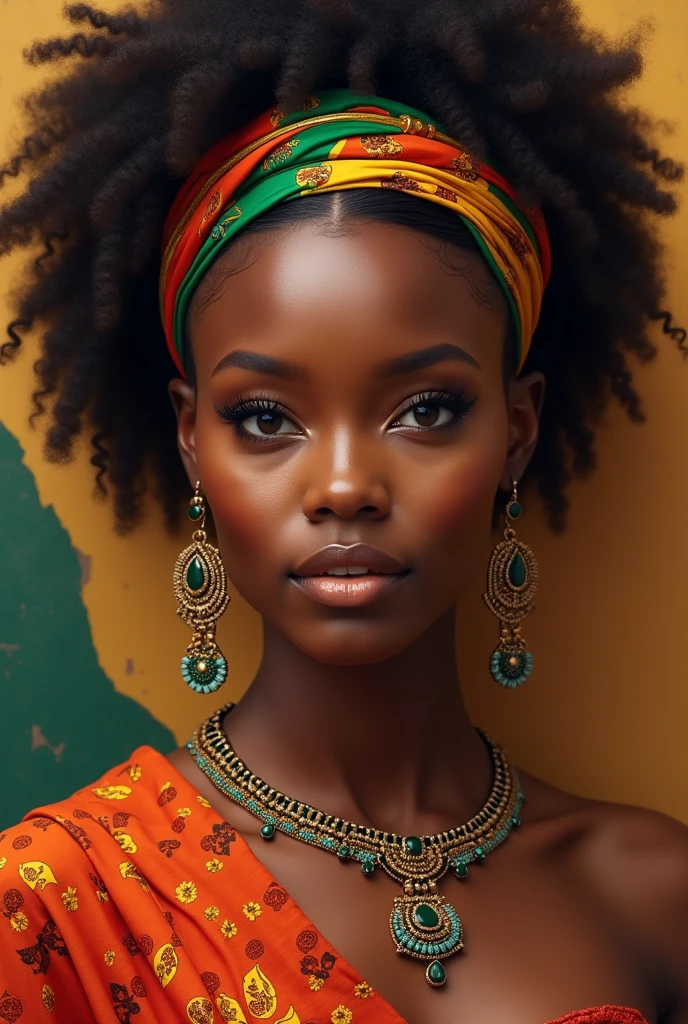 An image of a stunning black woman depicted in vibrant colors and patterns, celebrating her African heritage. A arte apresenta detalhes intrincados e pinceladas ousadas, capturing the essence of her beauty and radiance. The image is ideal for a contemporary and culturally inspired wall art piece.