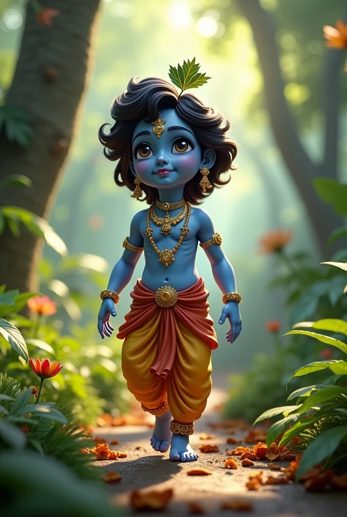 Lord krishna in blue as a child small under greenery towards the left of the frame
