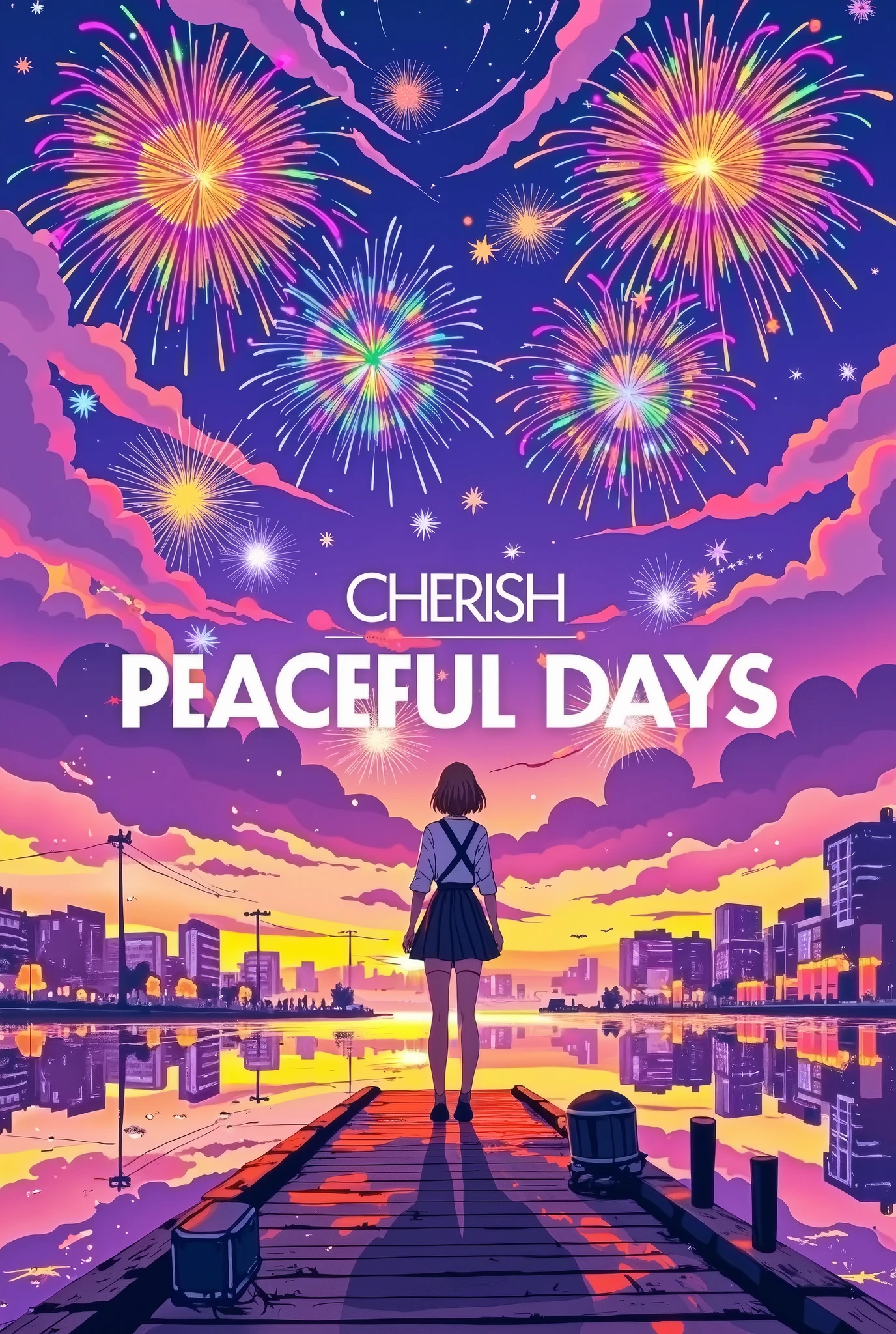 (masterpiece, top quality :1.2),beautiful poster,Gentle illustrations,(((middle space says"Cherish peaceful days"))), Please write your text in capital letters,BEAUTIFUL TEXT DESIGN ,background/( purple sky, fireworks on both sides , beautiful fireworks over the water ,pastel fireworks, fireworks are reflected on the surface of the water,casual ripples ,,Urban Harbor , strong contrast 