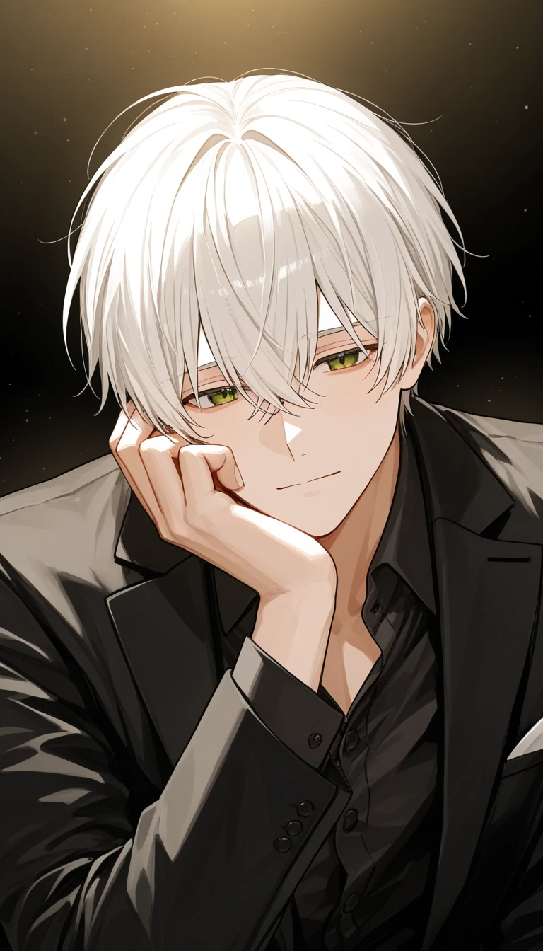 handsome, A 20 year old man, short white hair, green eyes, Black Formal Shirt, Idol.