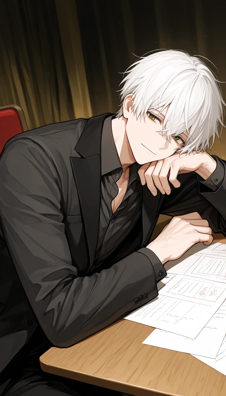 handsome, A 20 year old man, short white hair, green eyes, Black Formal Shirt, Idol.