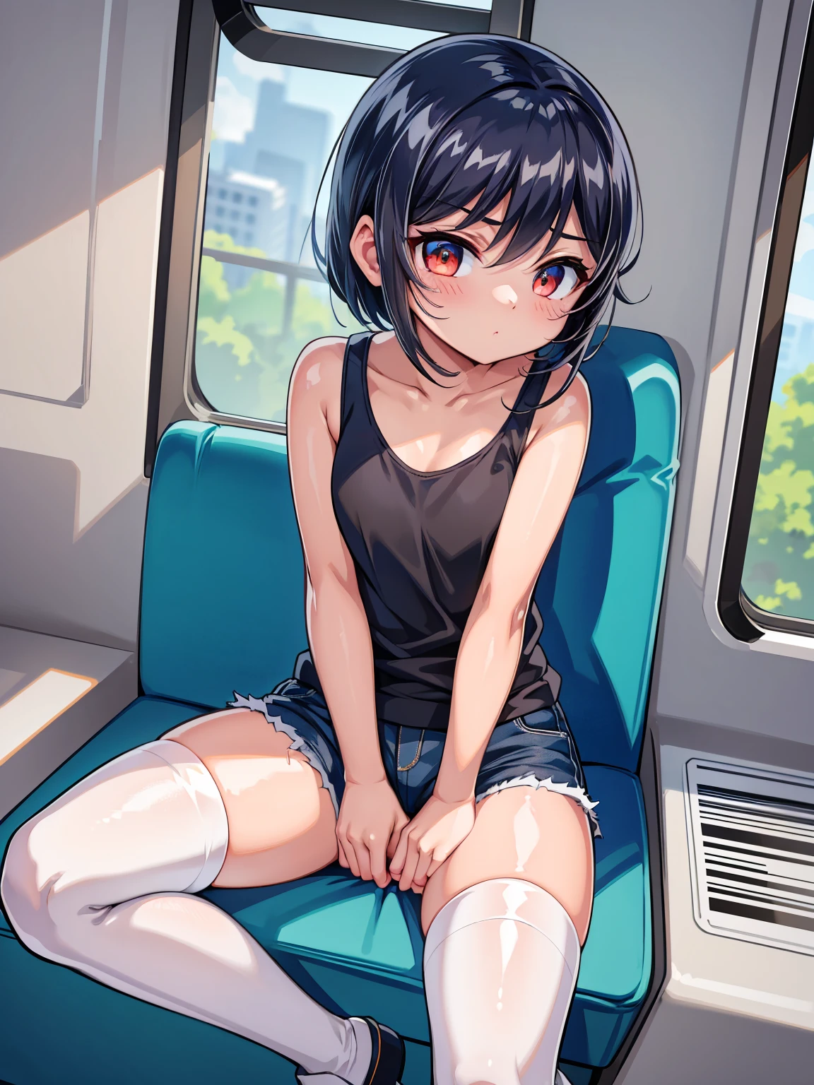 (8k、 top quality 、masterpiece:1.2)（short hair）、（girl:1.0）、( tank top、 shorts 、white thighhighs:1.0）、front、（vapor:0.8）、 simple background 、（ sitting on a train seat ）、（from below:0.7）、 open legs、 cross your arms a little