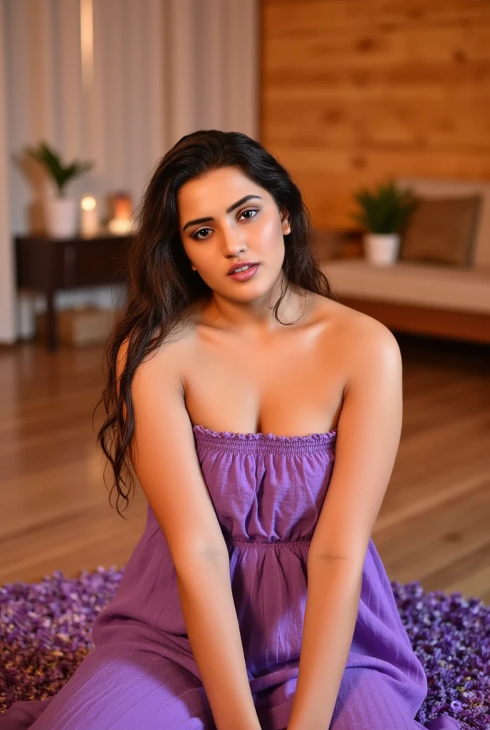 "A indian woman , which is scattered with lavender petals. The warm, earthy tones of the wooden walls and floors complement her glowing skin. The soft ambient lighting creates a calm, sensual mood, while a nearby window lets in a sliver of moonlight