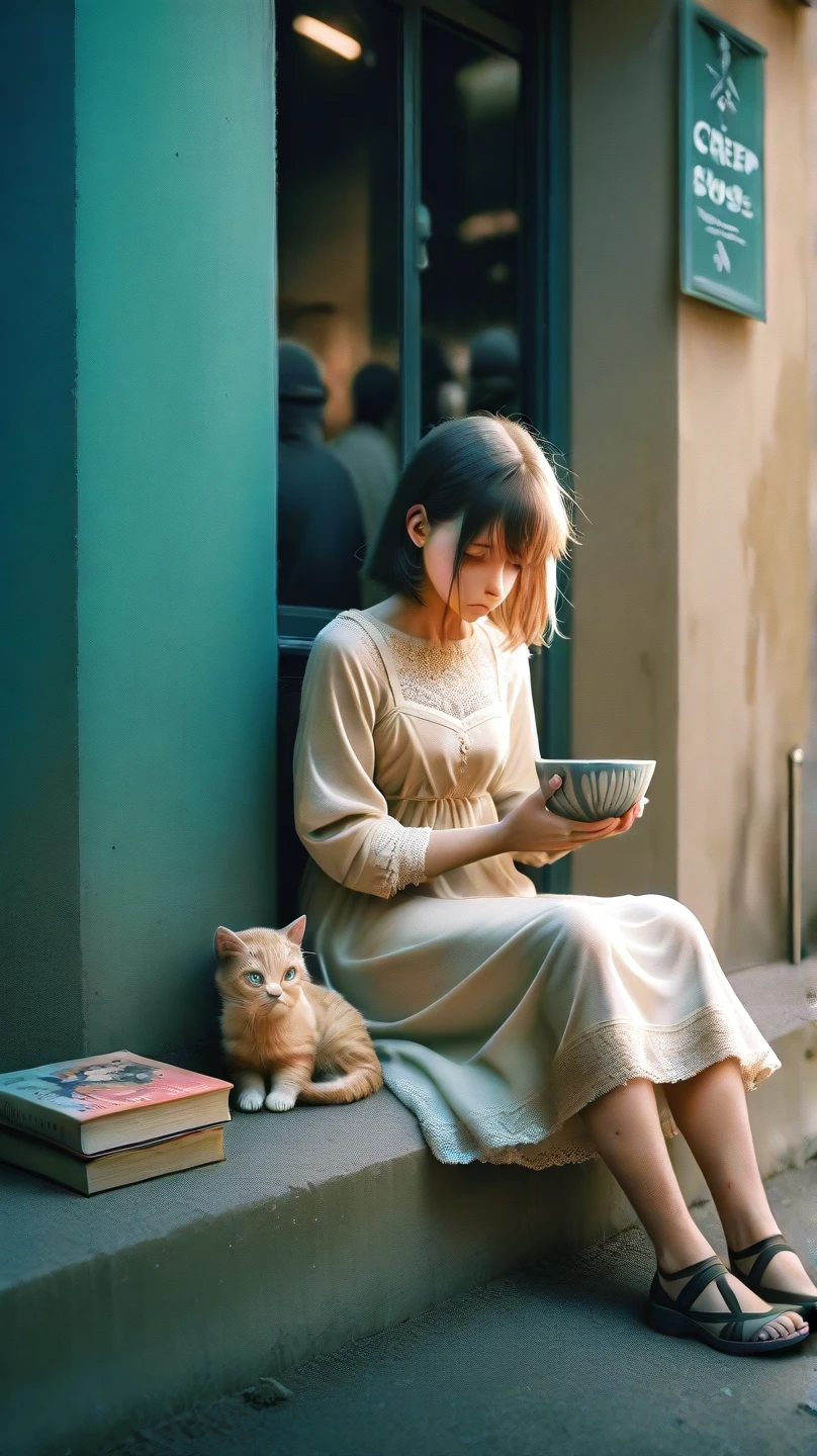 "A poor kitten sitting beside the road, wearing a dirty dress, holding a bowl while looking sad, with a few tattered books by his side. The surroundings show the city streets and a few people walking by."