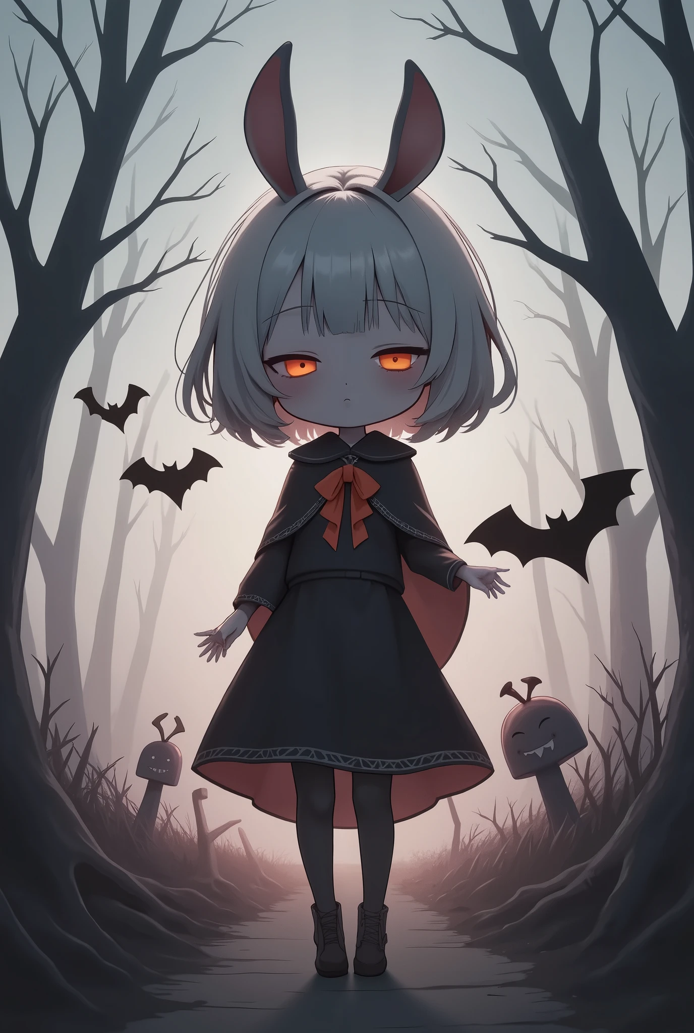 Flat Design, Silhouette Art,anime style, 1chibi character\(short hair, bunny ears, closed eyes,white skin,peaceful expression,hzk,trk,[dark gothic illustration:dreamy illustration:0.3],\),solo,gentle glow, gradient background,gray and soft blue and soft pink, derelict graveyard, focus on silhouette symmetry,best quality, minimalism, simple background, 